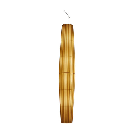 Maxi S/01 Ribbon LED pendant light with a tall, slender cream pleated shade that swells at the centre and tapers at each end, shown on a plain white background.