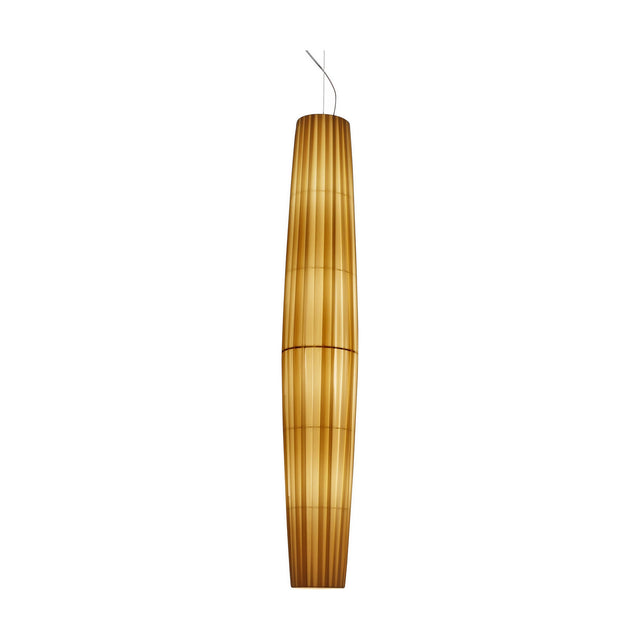 Maxi S/01 Ribbon LED pendant light with a tall, slender cream pleated shade that swells at the centre and tapers at each end, shown on a plain white background.