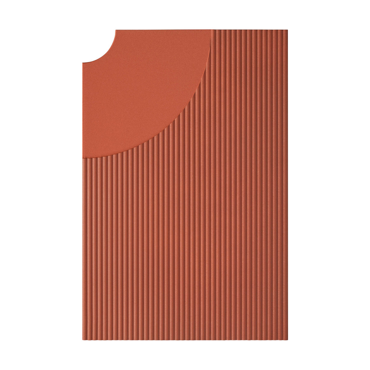 Arid Wall Light Tile in Textured Terracotta, an aluminium wall light accessory with fine vertical fluted ribs and a smooth curved cutout at one corner, shown on a plain white background.
