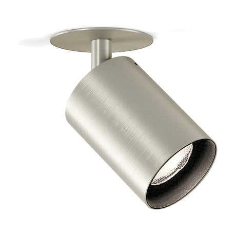 Carl Adjustable Recessed LED Downlight 9.5cm in Brushed Titanium, cylindrical head on a short stem below a slim round ceiling trim, shown on a plain white background.