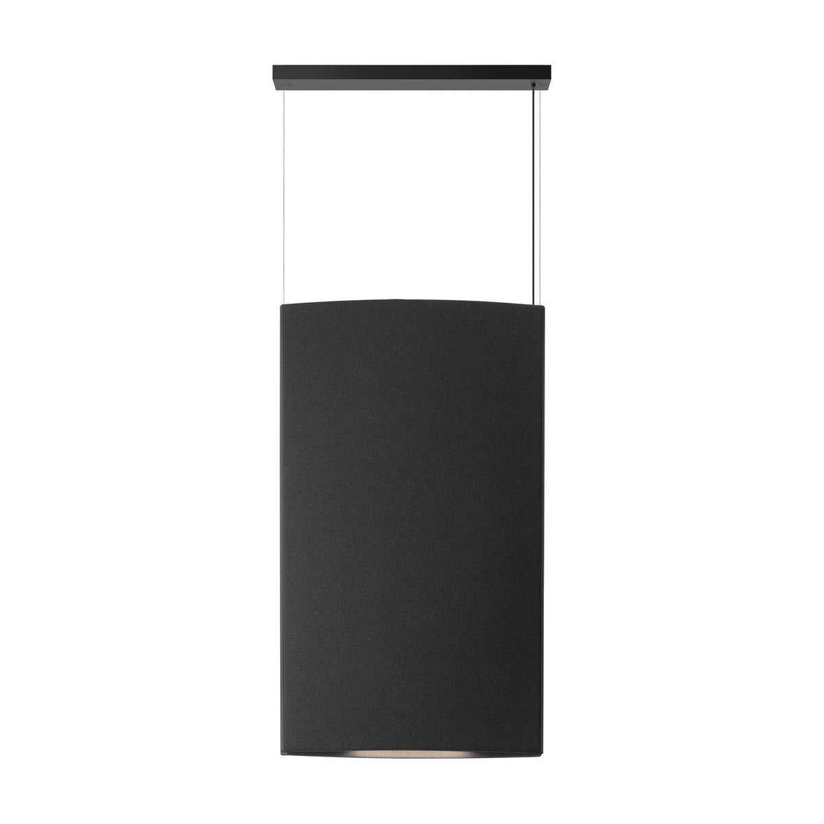 Noren S/72 LED pendant light with a tall curved dark grey fabric panel on a black frame, suspended by two cables from a slim black canopy bar, on a plain white background.