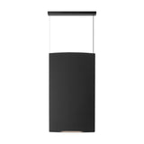 Noren S/72 LED pendant light with a tall curved dark grey fabric panel on a black frame, suspended by two cables from a slim black canopy bar, on a plain white background.