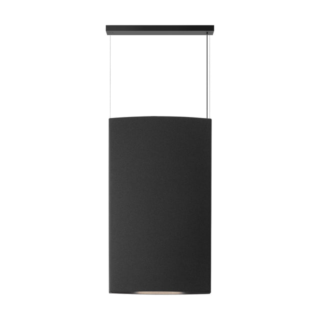 Noren S/72 LED pendant light with a tall curved dark grey fabric panel on a black frame, suspended by two cables from a slim black canopy bar, on a plain white background.