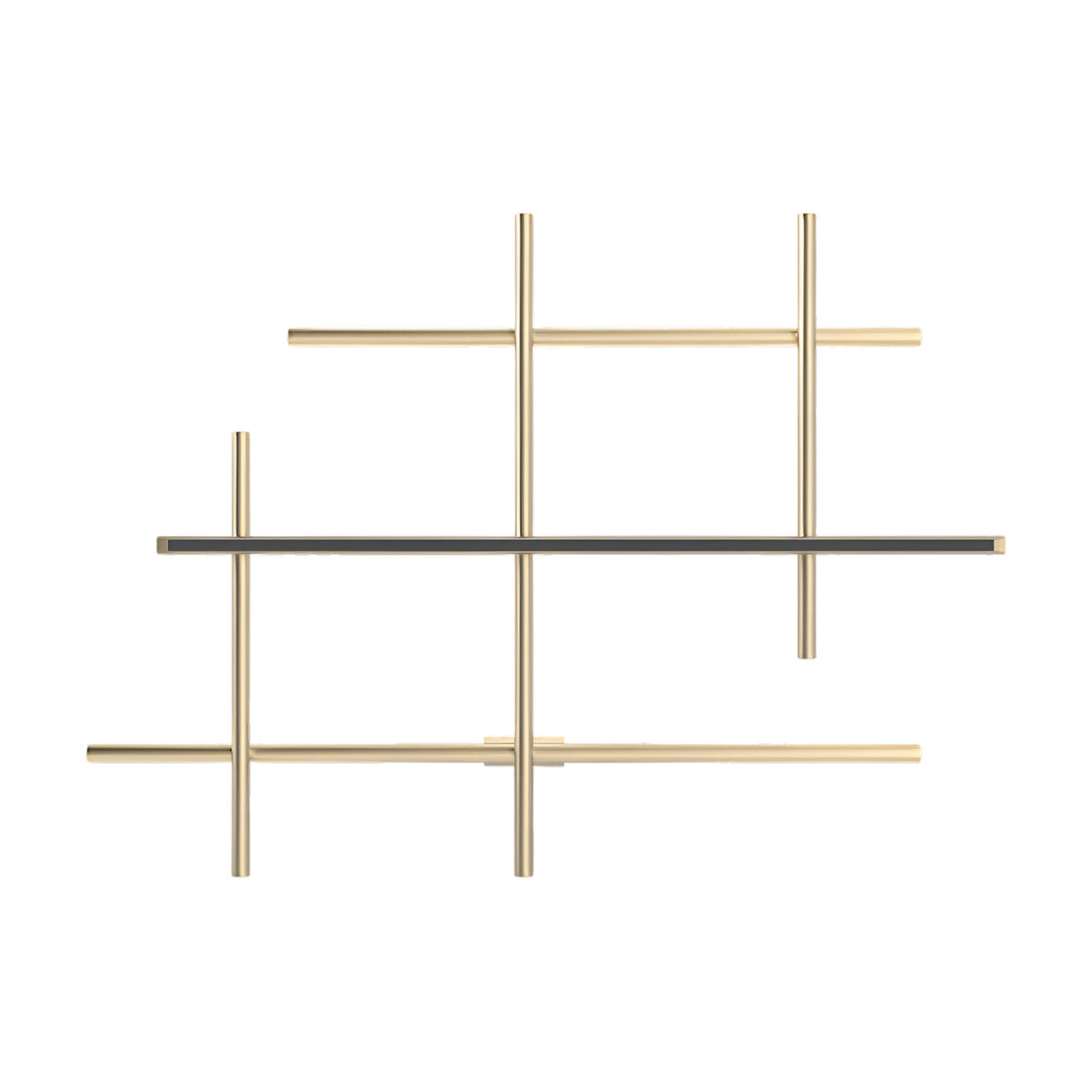 Hilow LED wall light with slim brushed champagne rods crossing at right angles and one horizontal bar in a black diffuser frame, shown on a plain white background.