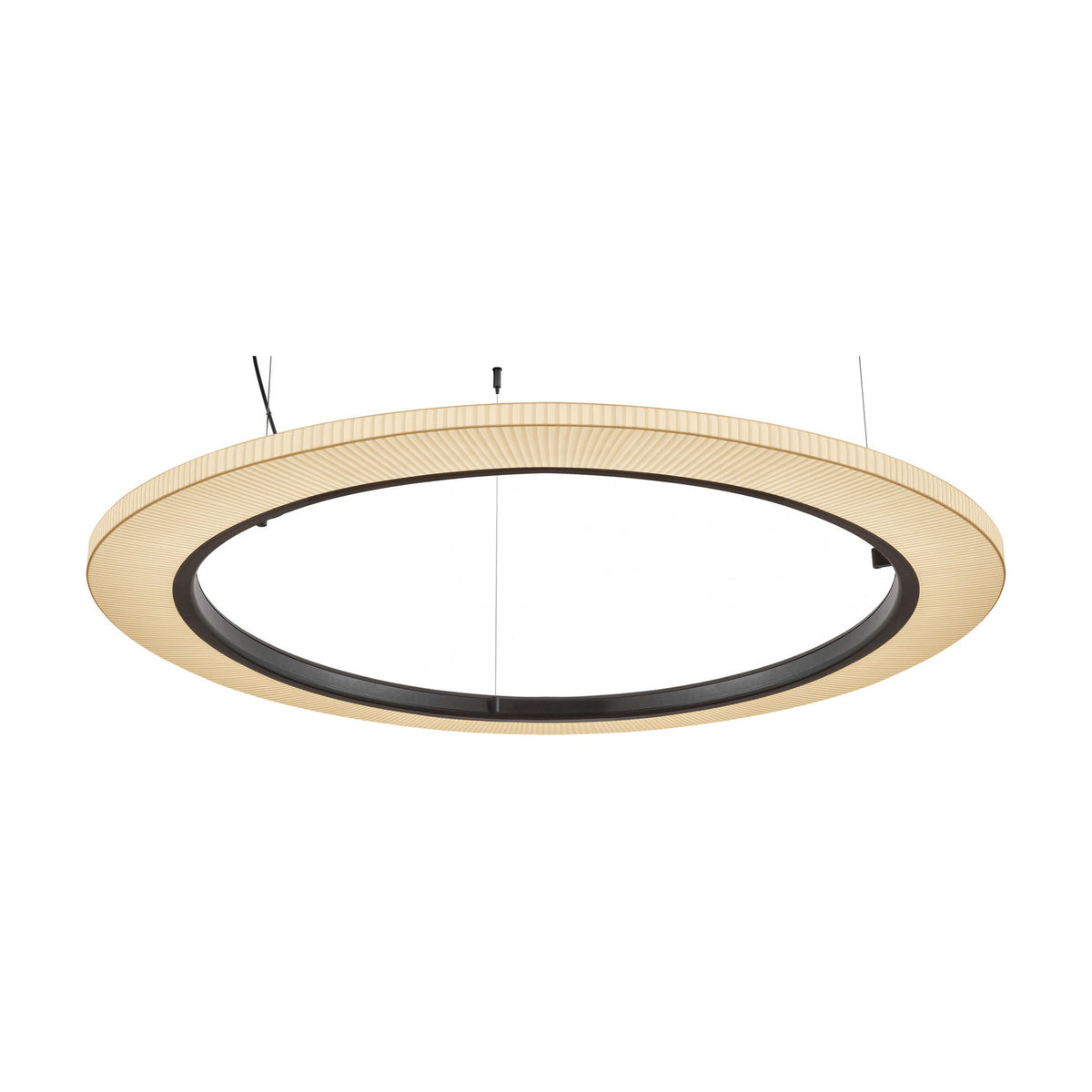 Roda S/120 Ribbon Ring LED pendant light, a wide circular hoop with finely pleated cream translucent shade and dark inner frame, shown on a plain white background.