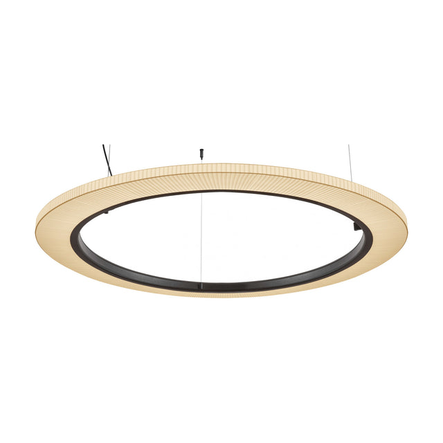 Roda S/120 Ribbon Ring LED pendant light, a wide circular hoop with finely pleated cream translucent shade and dark inner frame, shown on a plain white background.