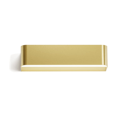 Toy R LED Wall Light 29.7cm in brushed brass finish, a slim rectangular fixture with rounded ends and a white diffuser strip along its underside, shown on a plain white background.