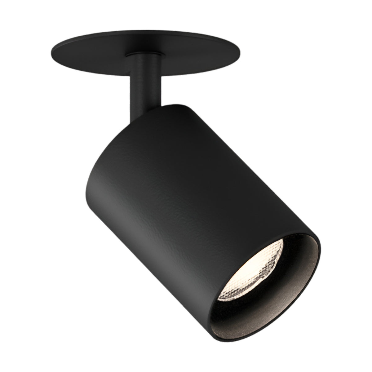 Carl Adjustable Recessed LED Downlight in black with a round ceiling trim plate and angled cylindrical head on a short stem, shown on a plain white background.