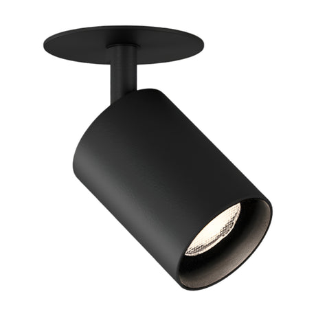 Carl Adjustable Recessed LED Downlight in black with a round ceiling trim plate and angled cylindrical head on a short stem, shown on a plain white background.