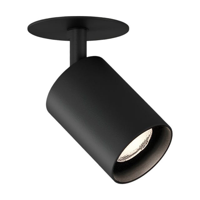 Carl Adjustable Recessed LED Downlight in black with a round ceiling trim plate and angled cylindrical head on a short stem, shown on a plain white background.