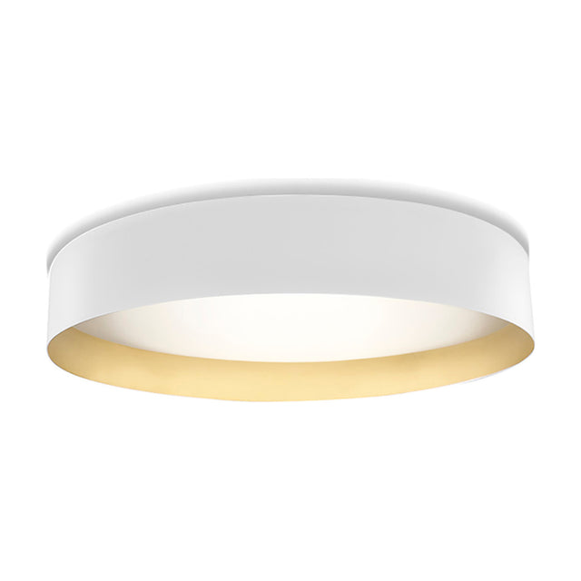 Ginevra 50 round drum flush ceiling light with matt white outer band and brass inner rim, integrated LED, shown on a plain white background.