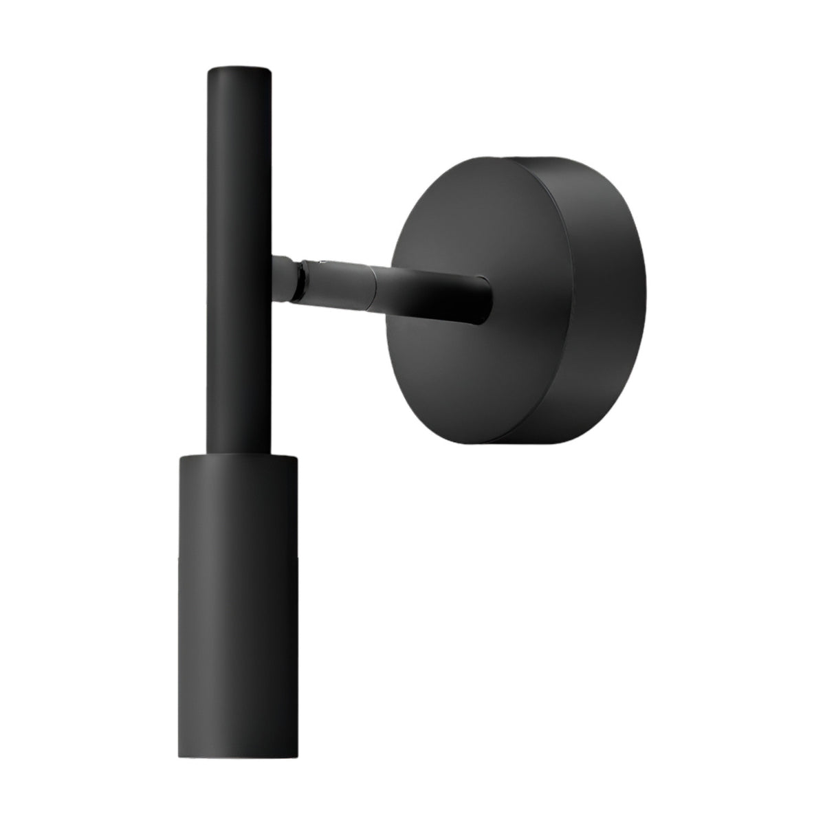 Tubino LED wall light in matt black aluminium, with a slim cylindrical head on a thin rod, projecting from a round wall plate on a plain white background.