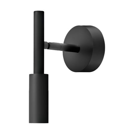 Tubino LED wall light in matt black aluminium, with a slim cylindrical head on a thin rod, projecting from a round wall plate on a plain white background.
