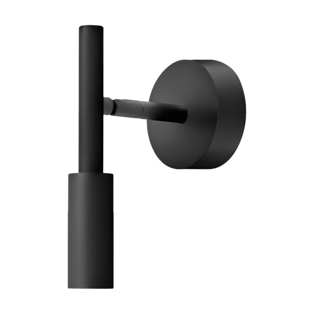 Tubino LED wall light in matt black aluminium, with a slim cylindrical head on a thin rod, projecting from a round wall plate on a plain white background.