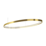 Zero Ellipse Aluminium Pendant Light in brushed brass, a slim oval band with integrated LED lighting the inner edge, shown at an angle on a plain white background.