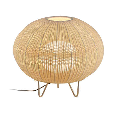 Garota P/01 outdoor floor lamp with a round, woven ivory white globe shade on slim hairpin legs, open top for upward glow, shown on a plain white background.