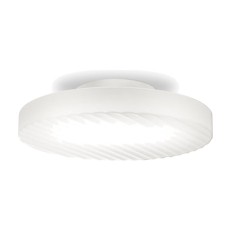 Côte 48cm semi-flush ceiling light with round frosted white glass disc, ribbed texture, integrated LED, and white mounting canopy on a plain white background.