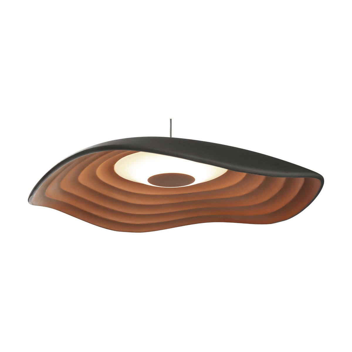 Valentina S/24 LED pendant light with a wavy, leaf-like aluminium shade in black and copper, tiered copper underside glowing around a central light, shown on a plain white background.