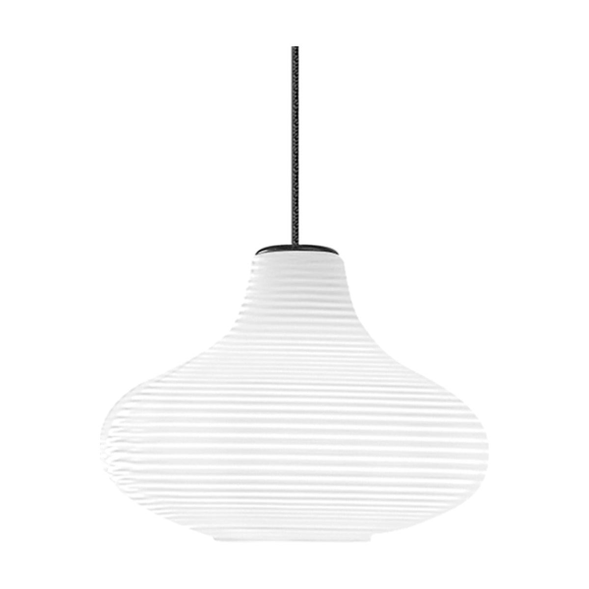 Emma Glass LED Pendant Light in white, a ribbed glass shade flaring from a narrow neck to a wide rounded body, hung on a black cable against a plain background.