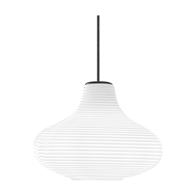Emma Glass LED Pendant Light in white, a ribbed glass shade flaring from a narrow neck to a wide rounded body, hung on a black cable against a plain background.
