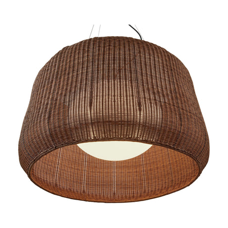 Fora 90 Rattan LED Outdoor Pendant Light in Rattan Brown, a deep woven drum shade with a glowing white globe inside, shown on a plain white background.