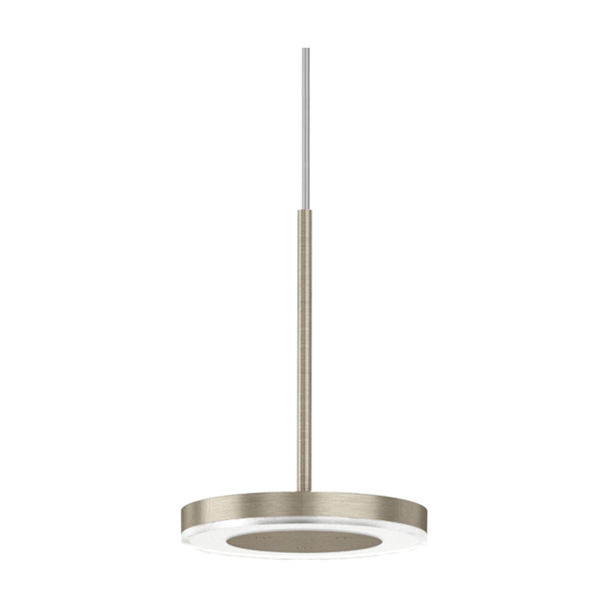 Bella Direct Aluminium LED Pendant Light in Brushed Titanium, a slim round disc on a thin stem with integrated LED ring, shown on a plain white background.