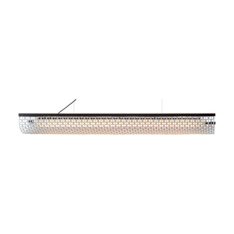 Nans Balis S/140 Outrack outdoor track pendant light with a long curved beige lattice shade beneath a straight brown top bar, integrated LED, shown on a plain white background.
