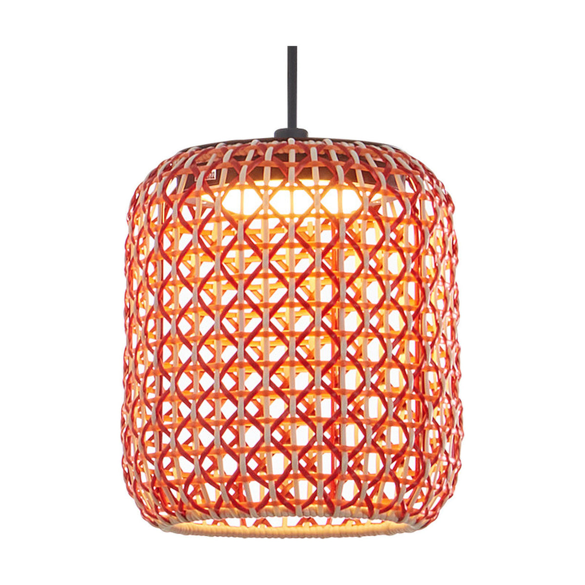 Nans S/21 Outrack pendant light with a cylindrical woven red, orange and beige lattice shade on a black cable, integrated LED glowing warmly, shown on a plain white background.
