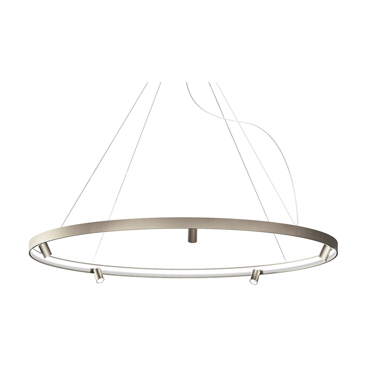Arena Aluminium Ring LED Pendant Light, 194cm circular design in Brushed Titanium with integrated downlights and continuous underside glow, suspended on thin cables against a plain white background.