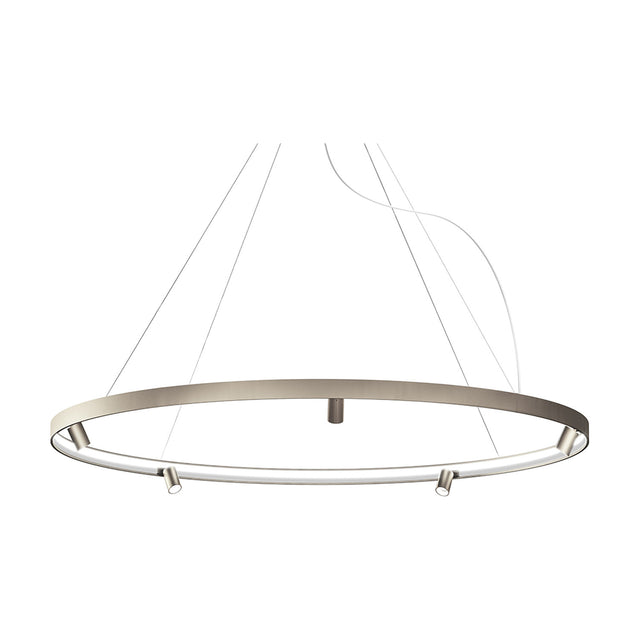 Arena Aluminium Ring LED Pendant Light, 194cm circular design in Brushed Titanium with integrated downlights and continuous underside glow, suspended on thin cables against a plain white background.