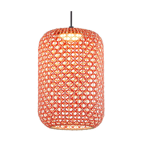 Nans S/31.2 Outrack cylindrical pendant light with woven red and orange synthetic fibre shade on a black suspension cable, integrated warm white LED, plain white background.