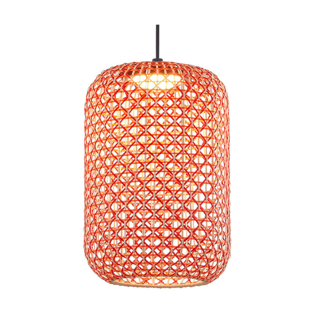 Nans S/31.2 Outrack cylindrical pendant light with woven red and orange synthetic fibre shade on a black suspension cable, integrated warm white LED, plain white background.