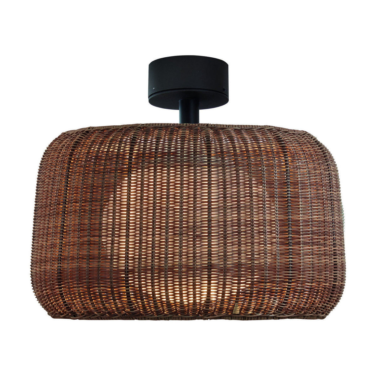Fora PF semi-flush outdoor ceiling light with a rectangular woven Rattan Brown shade, black round canopy and short stem, illuminated from within, on a plain white background.