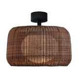 Fora PF semi-flush outdoor ceiling light with a rectangular woven Rattan Brown shade, black round canopy and short stem, illuminated from within, on a plain white background.