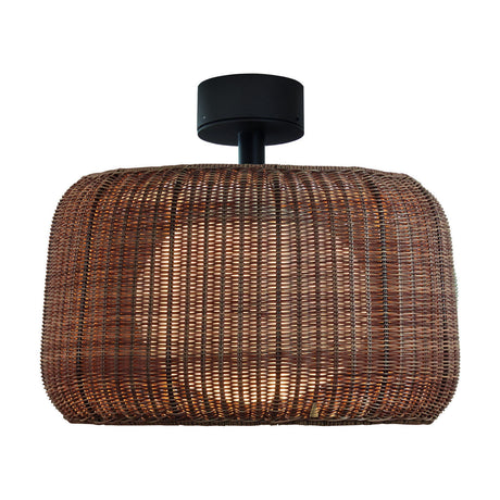 Fora PF semi-flush outdoor ceiling light with a rectangular woven Rattan Brown shade, black round canopy and short stem, illuminated from within, on a plain white background.