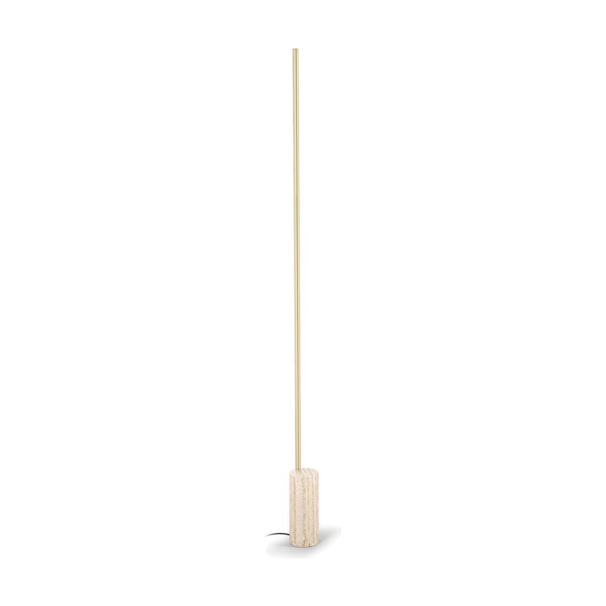 Hilow Line Travertine linear LED floor lamp with a slim brass-finish aluminium rod rising from a round travertine base, shown on a plain white background.
