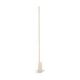 Hilow Line Travertine linear LED floor lamp with a slim brass-finish aluminium rod rising from a round travertine base, shown on a plain white background.