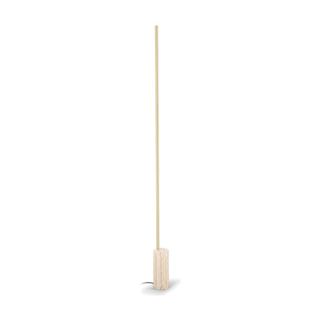Hilow Line Travertine linear LED floor lamp with a slim brass-finish aluminium rod rising from a round travertine base, shown on a plain white background.