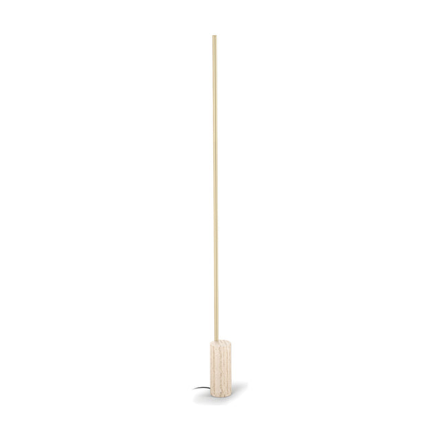 Hilow Line Travertine linear LED floor lamp with a slim brass-finish aluminium rod rising from a round travertine base, shown on a plain white background.