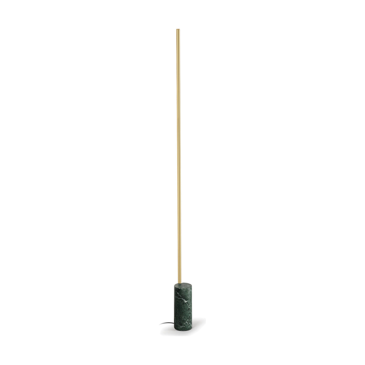 Hilow Line Alps Green Marble Linear Floor Lamp with a slim brushed brass integrated LED rod rising from a cylindrical green marble base, shown on a plain white background.