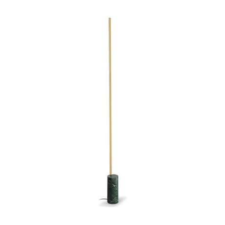 Hilow Line Alps Green Marble Linear Floor Lamp with a slim brushed brass integrated LED rod rising from a cylindrical green marble base, shown on a plain white background.