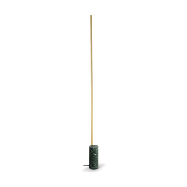 Hilow Line Alps Green Marble Linear Floor Lamp with a slim brushed brass integrated LED rod rising from a cylindrical green marble base, shown on a plain white background.