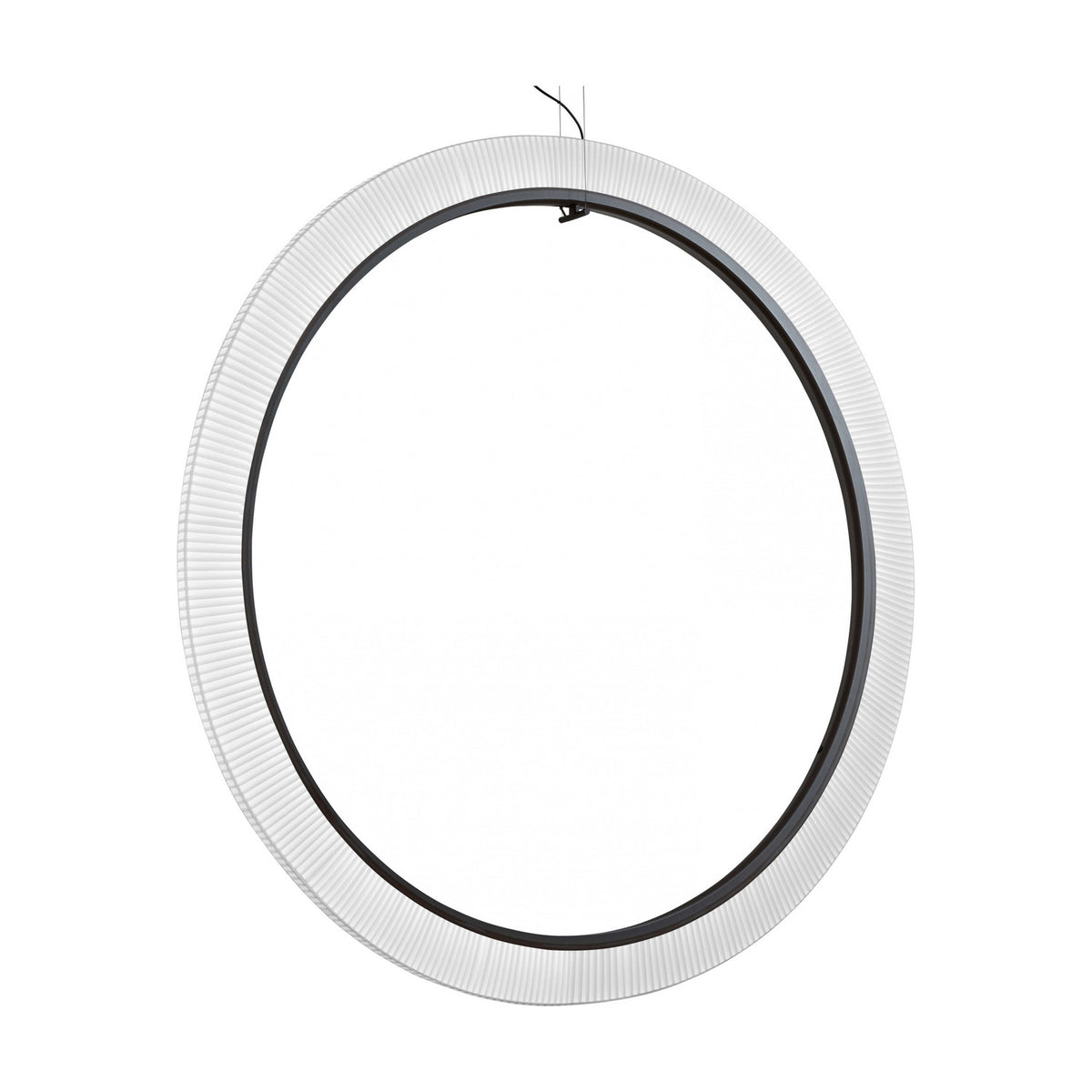 Roda S/200/V Ribbon Ring LED pendant light, a large vertical hoop with pleated white translucent ribbon shade and dark inner ring, shown on a plain white background.