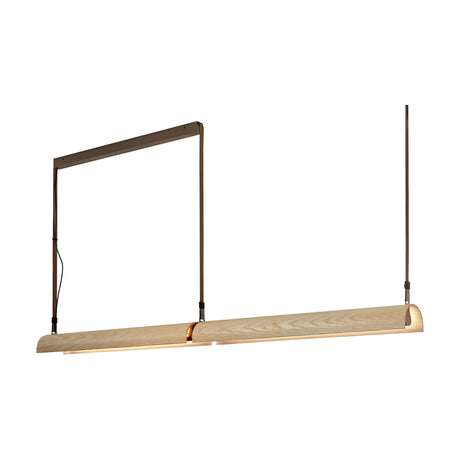 Aluet S/100/2L 2-light LED pendant with two half-round ash wood sections in Beige & Ash Wood, suspended by slim bronze-toned rods and a rectangular ceiling rail.