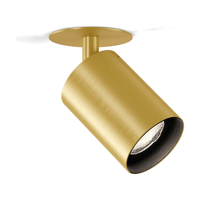 Carl Adjustable Recessed LED Downlight 9.5cm in Brushed Brass with angled cylindrical head, black interior, and round ceiling plate, shown on a plain white background.