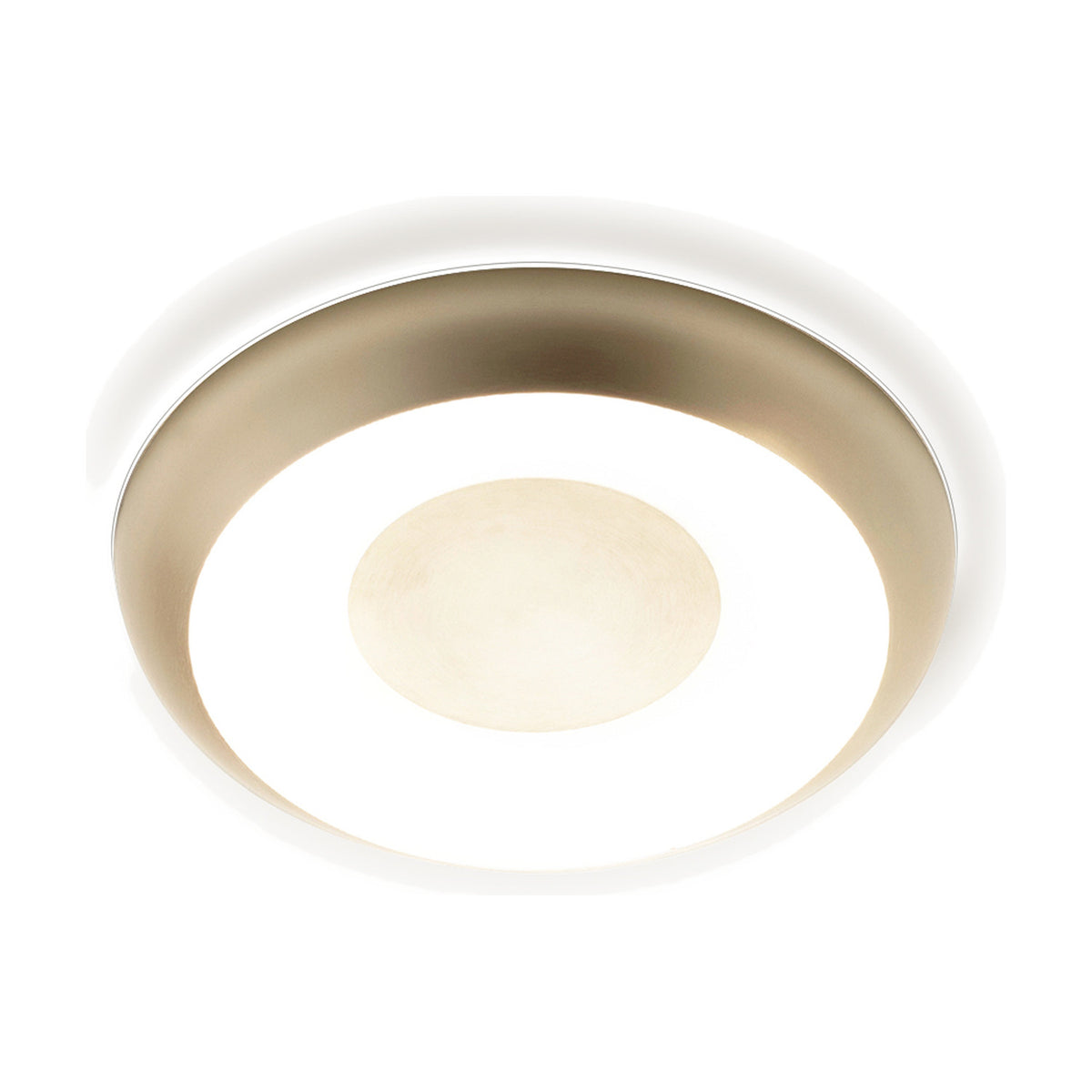 Superbold LED Wall & Ceiling Light, 44.3cm round flush fixture with champagne-finish rim, white glowing ring and central disc, shown on a plain white background.