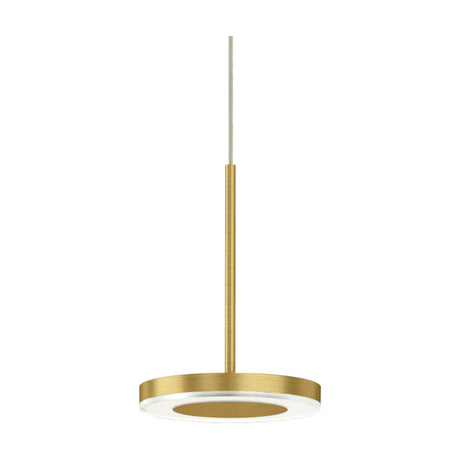 Bella Direct LED pendant light with a slim brushed brass disc shade and white diffuser ring, suspended from a thin central rod on a plain white background.