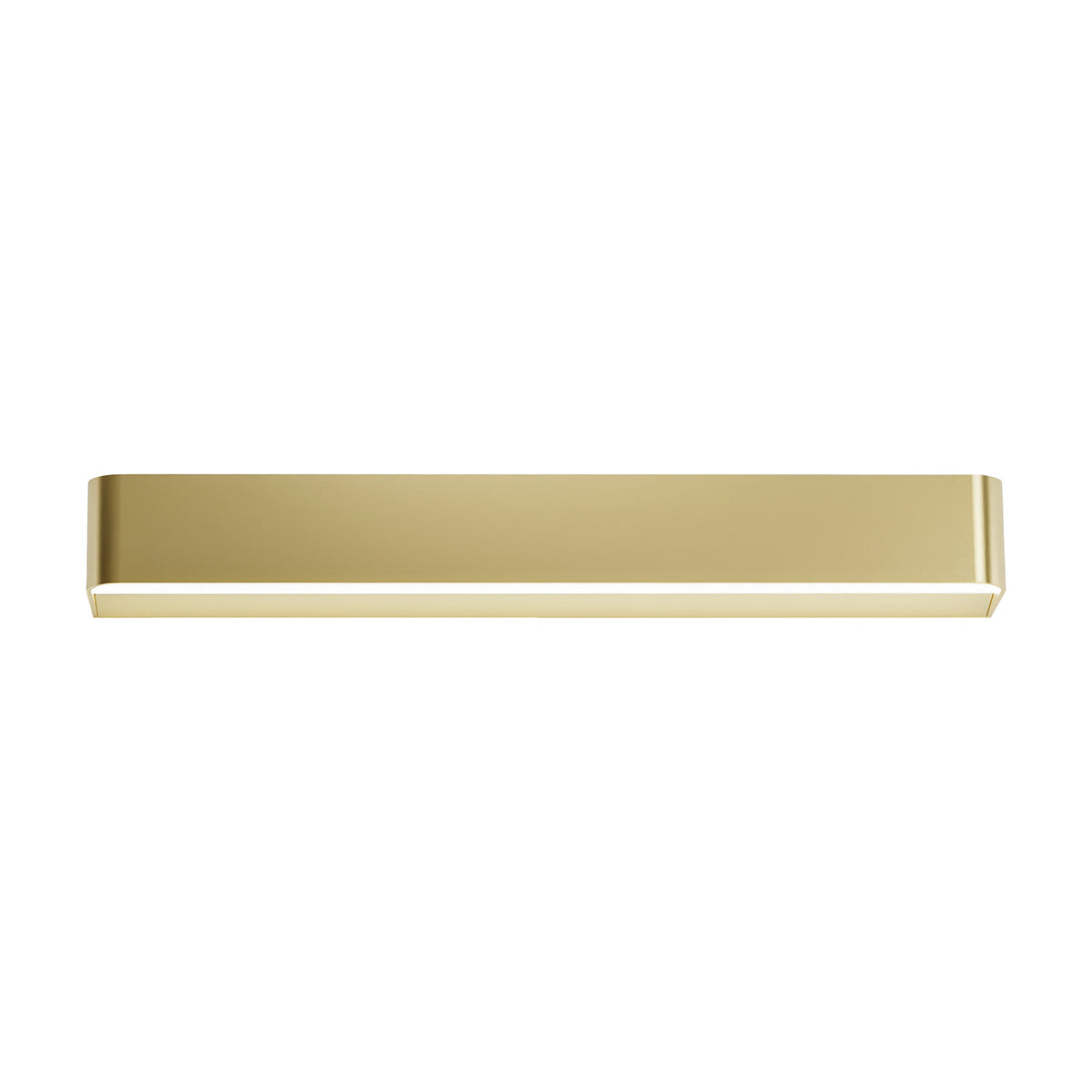 Toy R LED Wall Light 57.7cm in Brushed Brass, a slim rectangular bar with rounded ends and a integrated LED light line along its lower edge, shown on a plain white background.