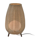 Amphora 01 Woven Linear LED Outdoor Floor Lamp in beige, tapering woven shade on three short legs with warm glow, shown on a plain white background.
