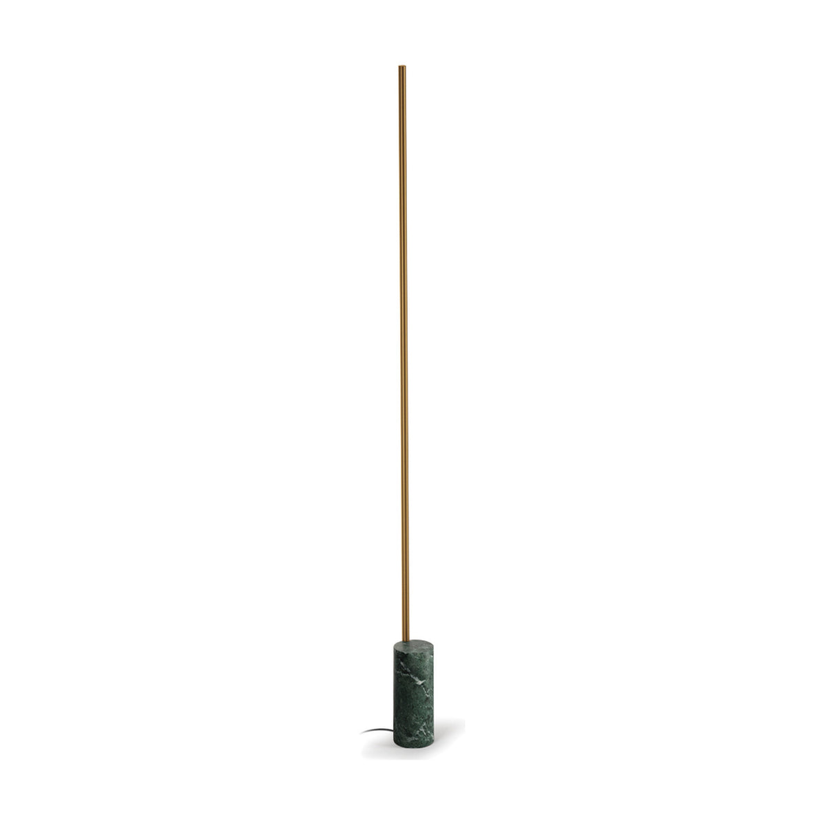 Hilow Line Alps Green Marble Linear Floor Lamp with a slim Brushed Bronze rod rising from a cylindrical green marble base, shown against a plain white background.
